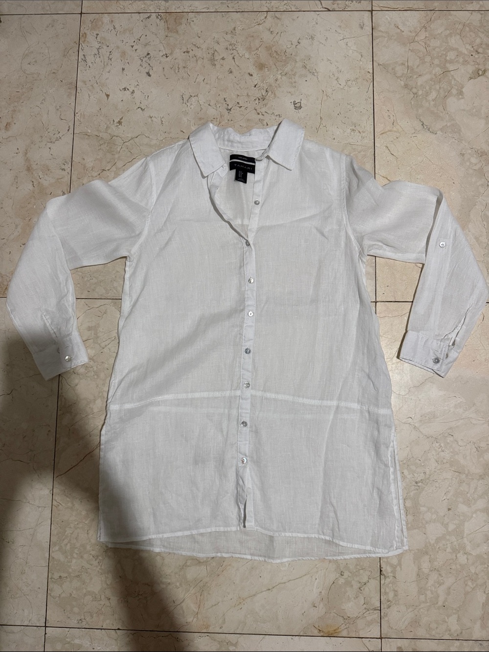 Tahari White Lightweight Button-Down 100% Linen Blouse